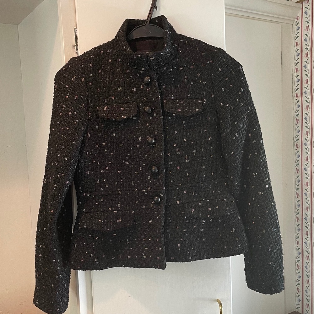 Ann Taylor 0P black tweed jacket with military style colar